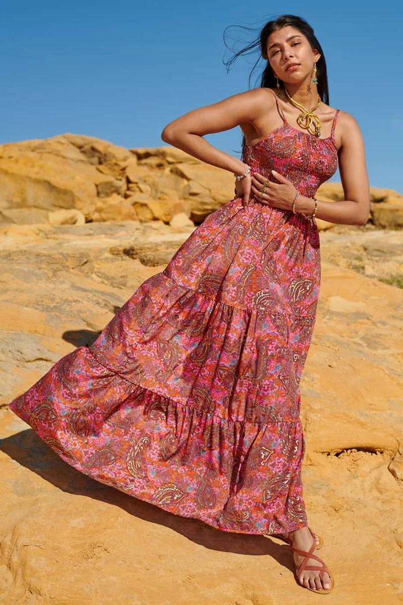 Fuchsia Paisley Tiered Sari Maxi Dress