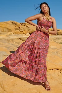 Fuchsia Paisley Tiered Sari Maxi Dress