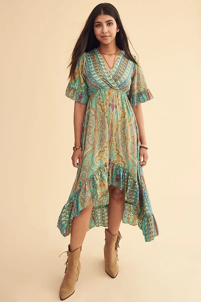 Teal Pasiely Sari Ruffle Hi Lo Dress