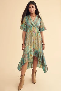 Teal Pasiely Sari Ruffle Hi Lo Dress