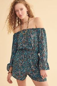 Blue Tropical Garden Off Shoulder Sari Romper