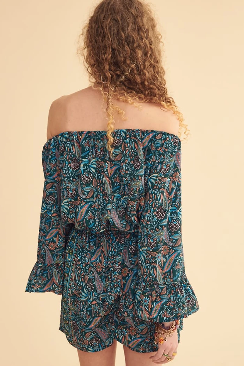 Blue Tropical Garden Off Shoulder Sari Romper