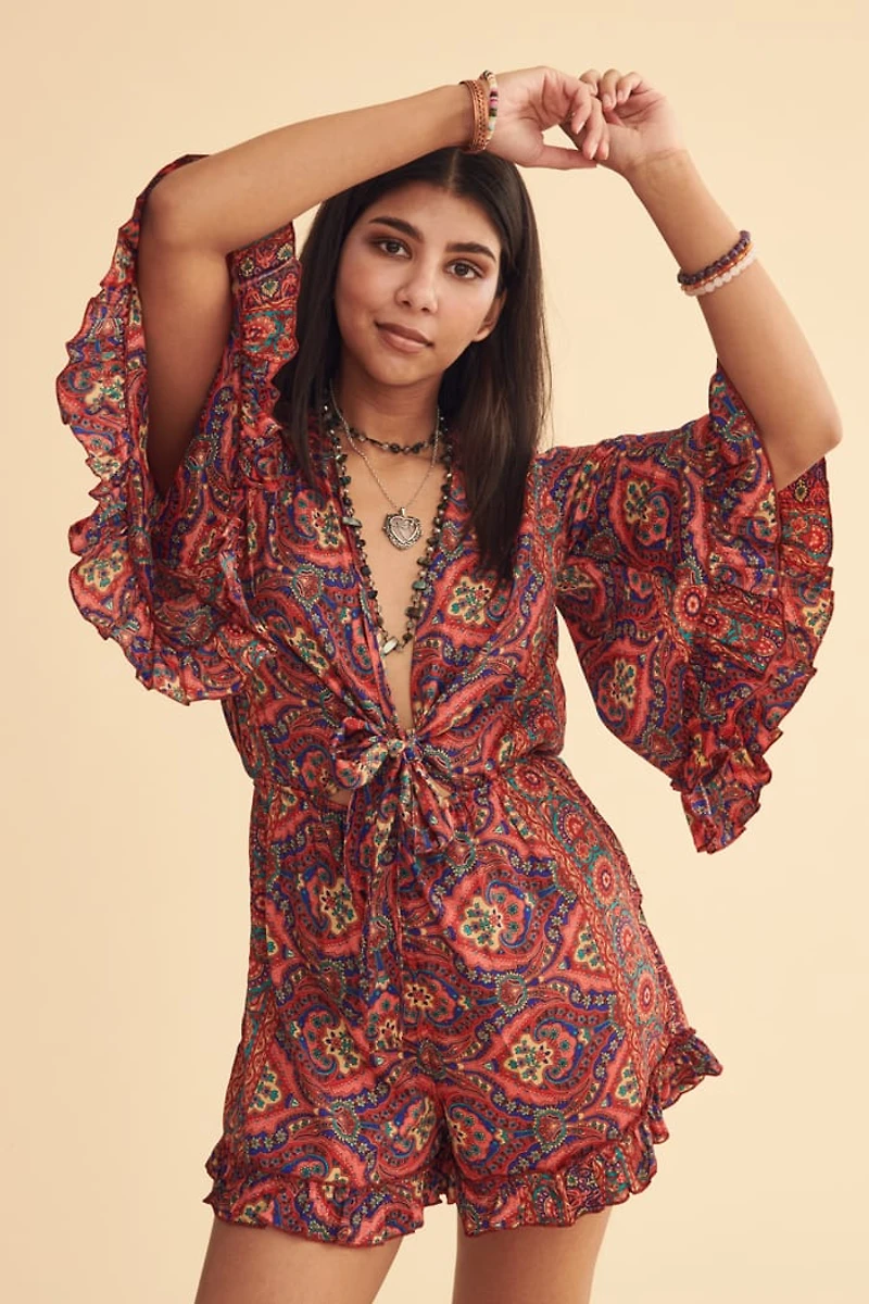 Pink Sari Ruffle Bell Sleeve Romper