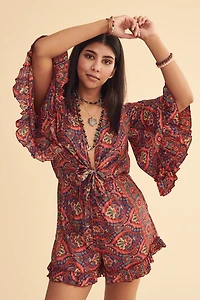 Pink Sari Ruffle Bell Sleeve Romper