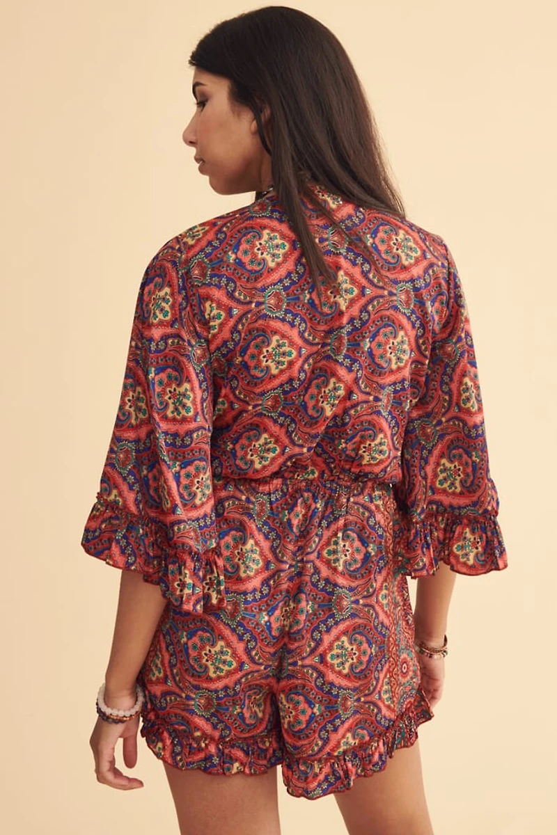 Pink Sari Ruffle Bell Sleeve Romper