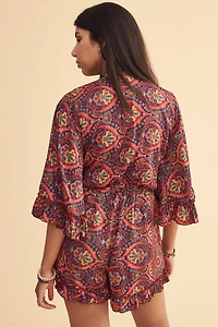 Pink Sari Ruffle Bell Sleeve Romper