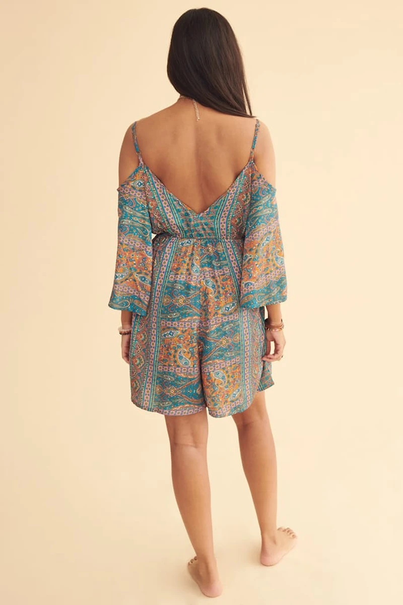 Blue Sari Cold Shoulder Romper