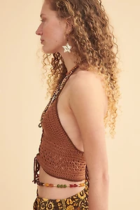 Brown Crochet Lace Up Cropped Top