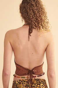 Brown Crochet Lace Up Cropped Top