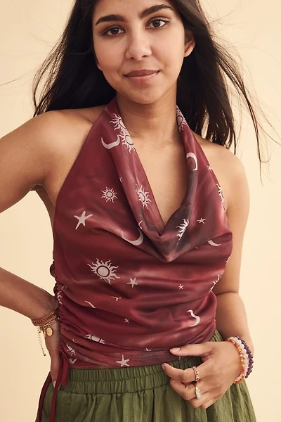 Crimson Celestial Draped Mesh Halter Top