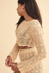Cream Crochet Cropped Long Sleeve Top