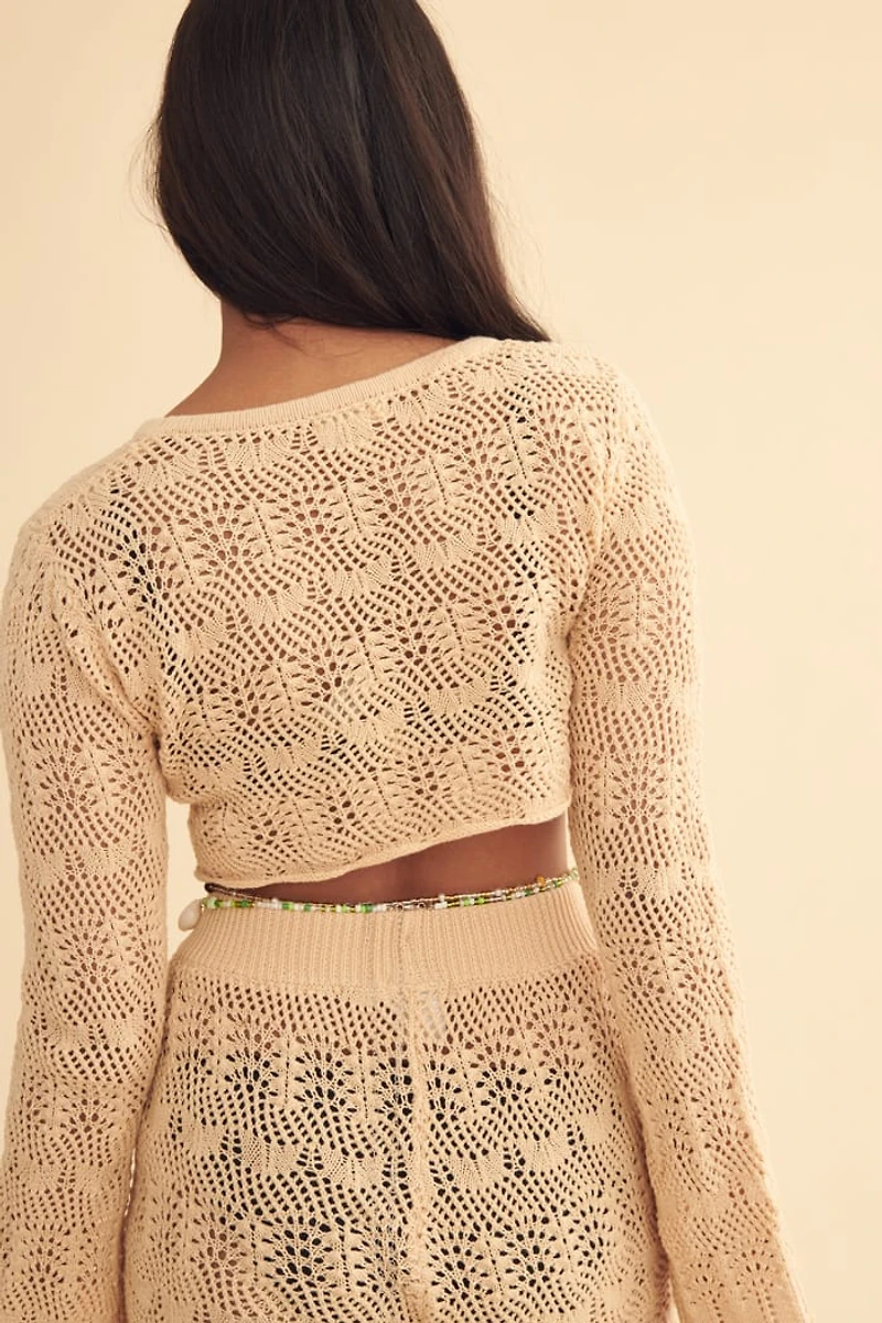 Cream Crochet Cropped Long Sleeve Top