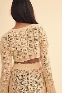 Cream Crochet Cropped Long Sleeve Top
