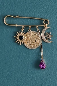 Safety Pin Moon Charm Brooch