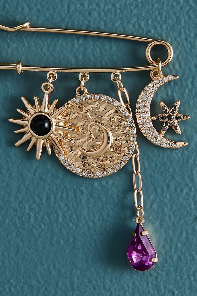 Safety Pin Moon Charm Brooch