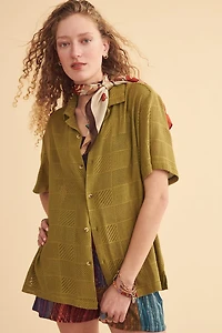 Green Boho Striped Grid Camp Shirt