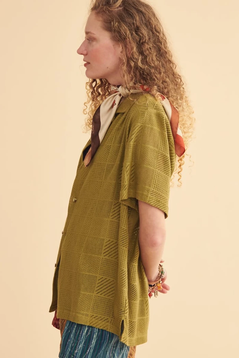 Green Boho Striped Grid Camp Shirt