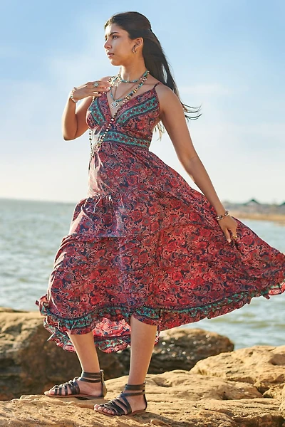 Pink Teal Striped Paisley Sari Maxi Dress
