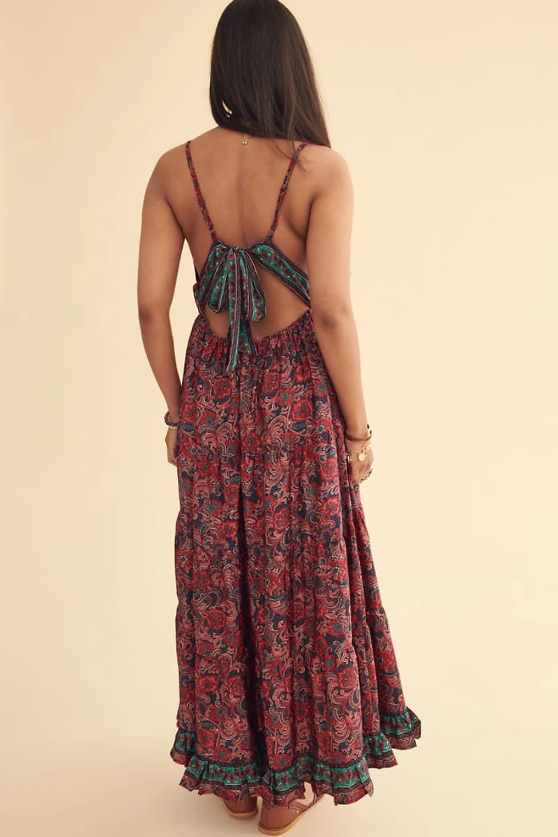 Pink Teal Striped Paisley Sari Maxi Dress