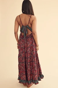 Pink Teal Striped Paisley Sari Maxi Dress