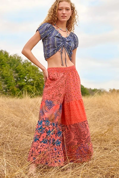 Assorted Salmon Patchwork Tiered Wide Leg Pants