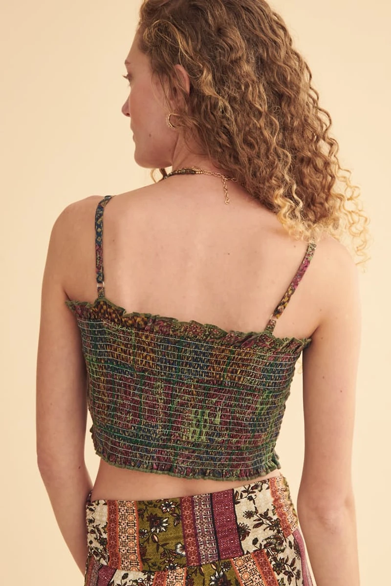 Boho Green Patchwork Shirred Cropped Tank