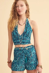 Azure Blue Paisley Boho High Waisted Shorts