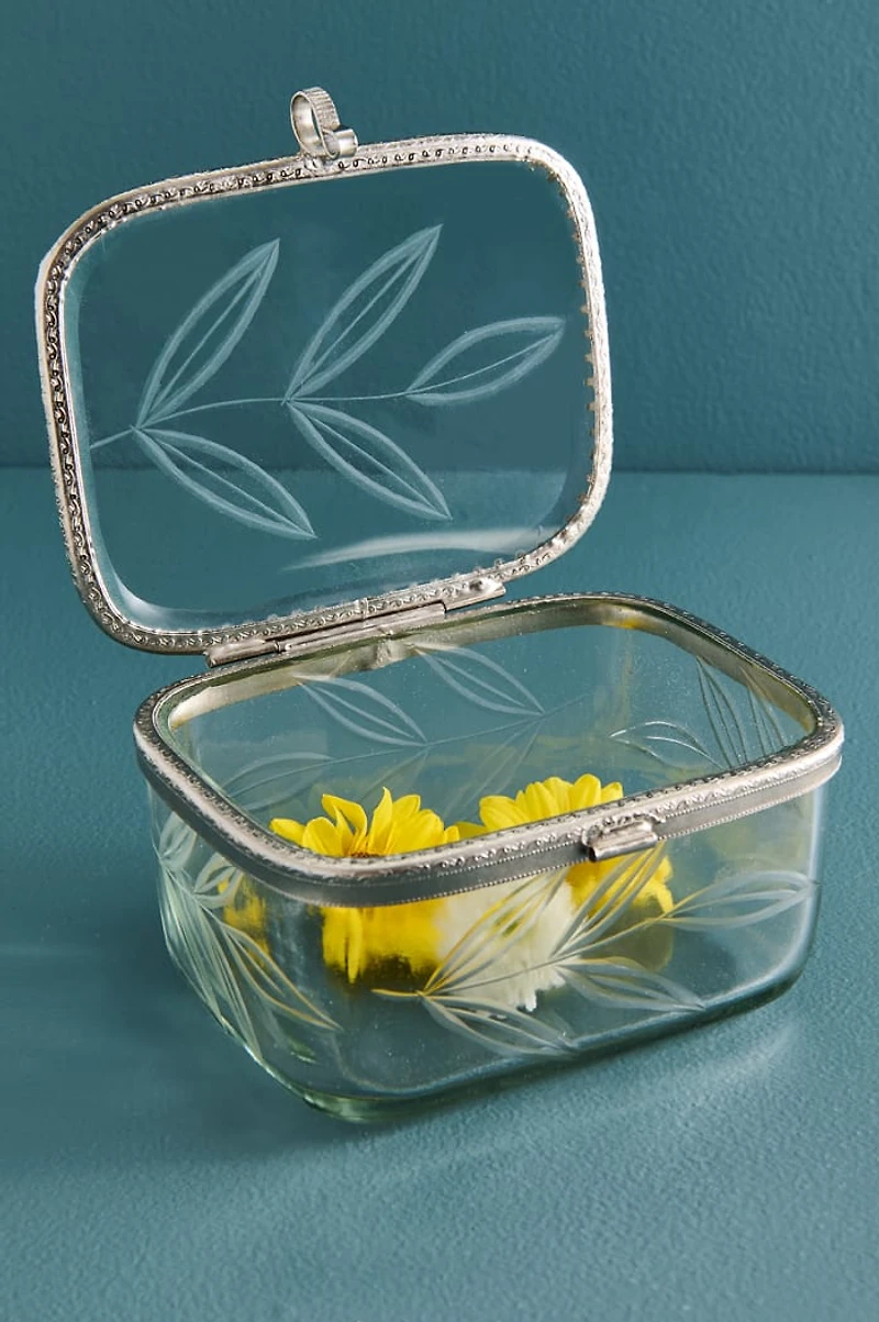 Leaves Etched Glass Trinket Box