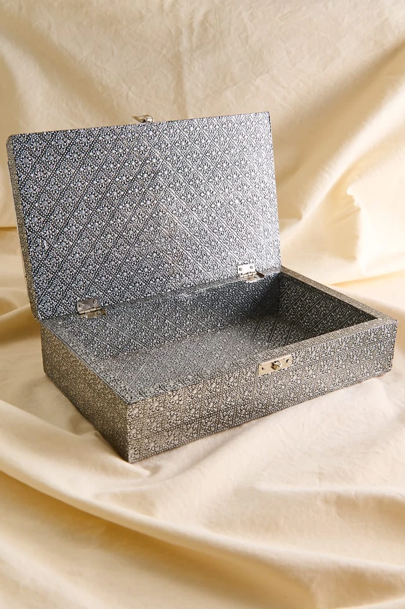 XL Silver Floral Fabric Metal Jewelry Box