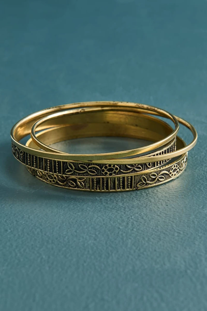 Antique Gold Engraved Stacking Bangle Bracelet Set