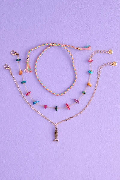 Braided Shell and Fish Layered Anklet Set