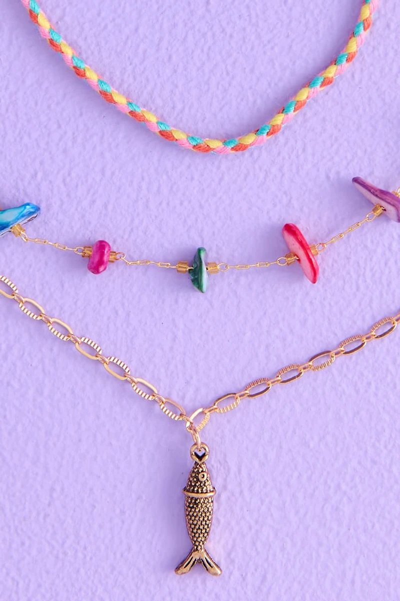 Braided Shell and Fish Layered Anklet Set