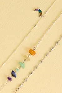 Rainbow Moon and Stone Layered Anklet Set