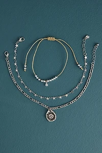Silver Star Fagaro Chain Layered Anklet Set