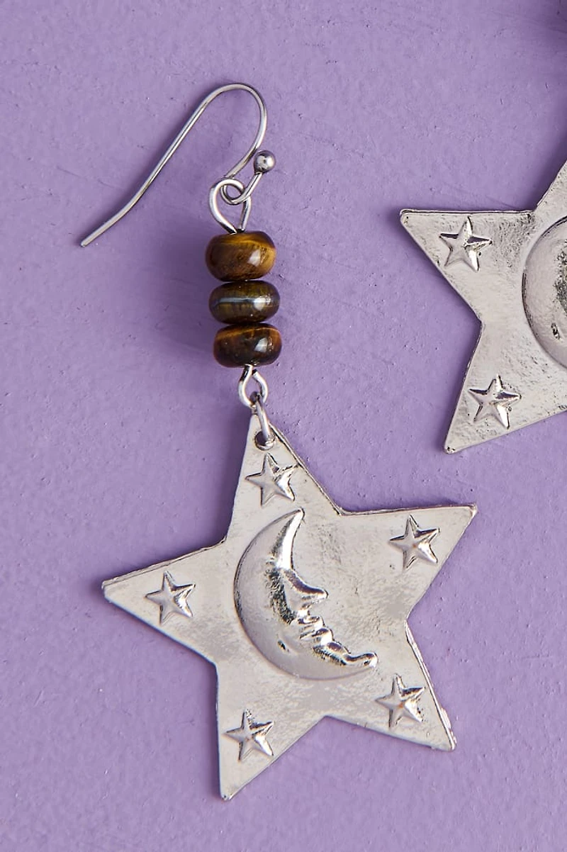 Silver Moon on Star Earrings