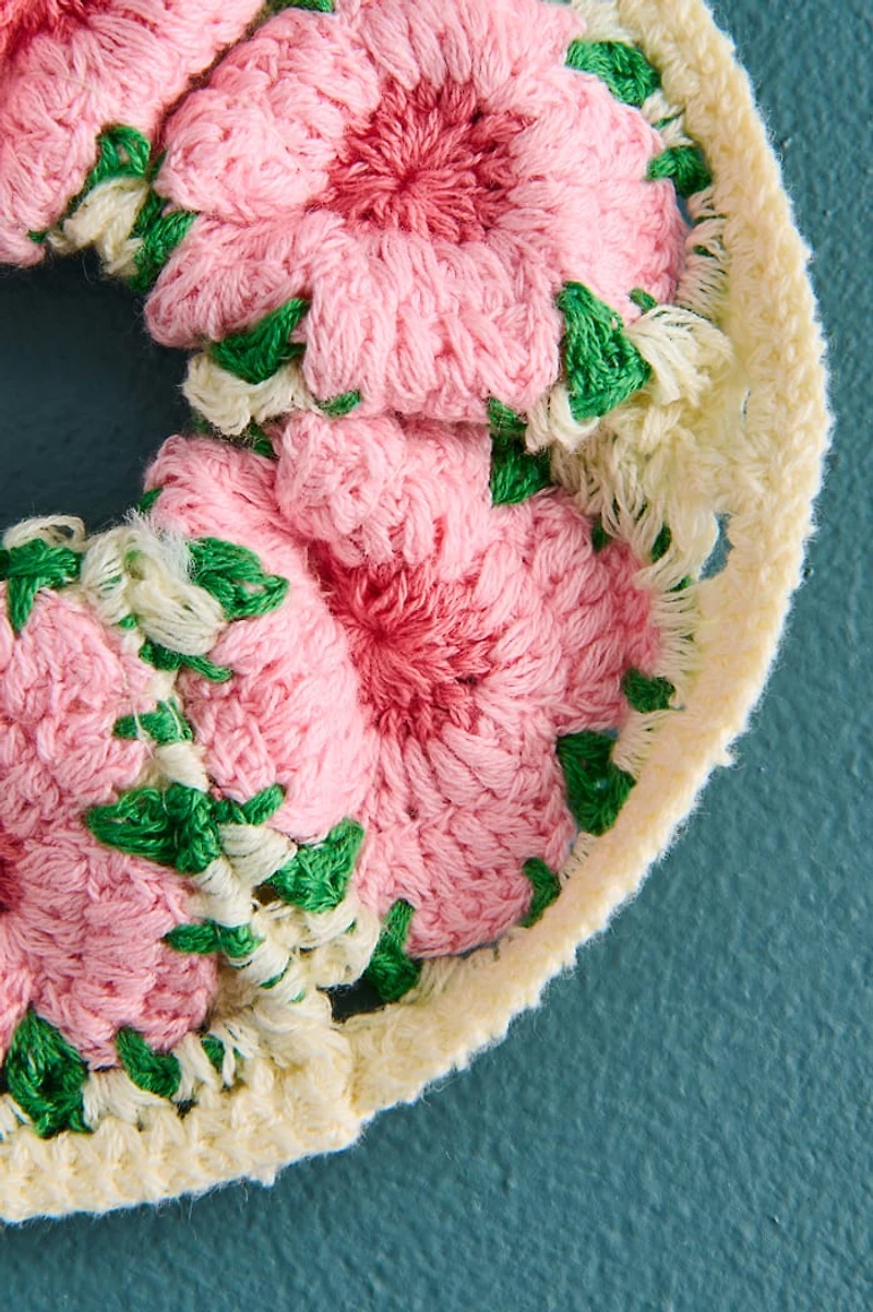 Pink Floral Crochet Scrunchie