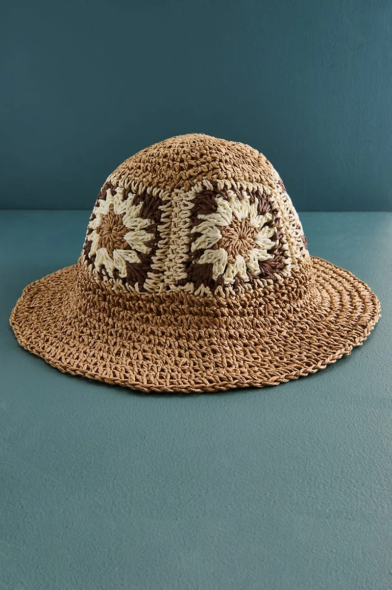 Brown Granny Crochet Square Paper Straw Hat