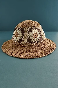 Brown Granny Crochet Square Paper Straw Hat
