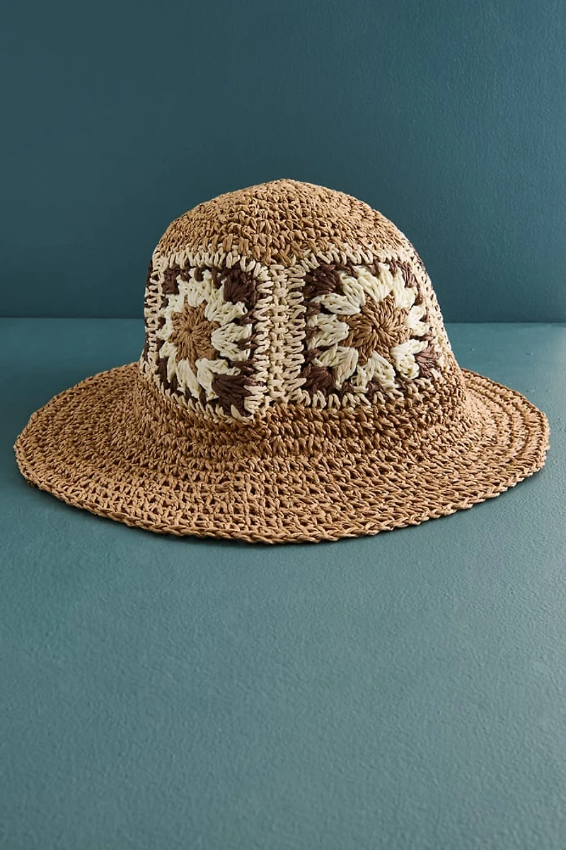 Brown Granny Crochet Square Paper Straw Hat