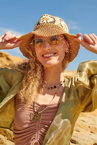 Brown Granny Crochet Square Paper Straw Hat