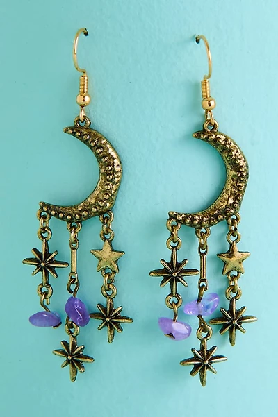 Amethyst Gold Moon Fringe Earrings