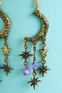 Amethyst Gold Moon Fringe Earrings