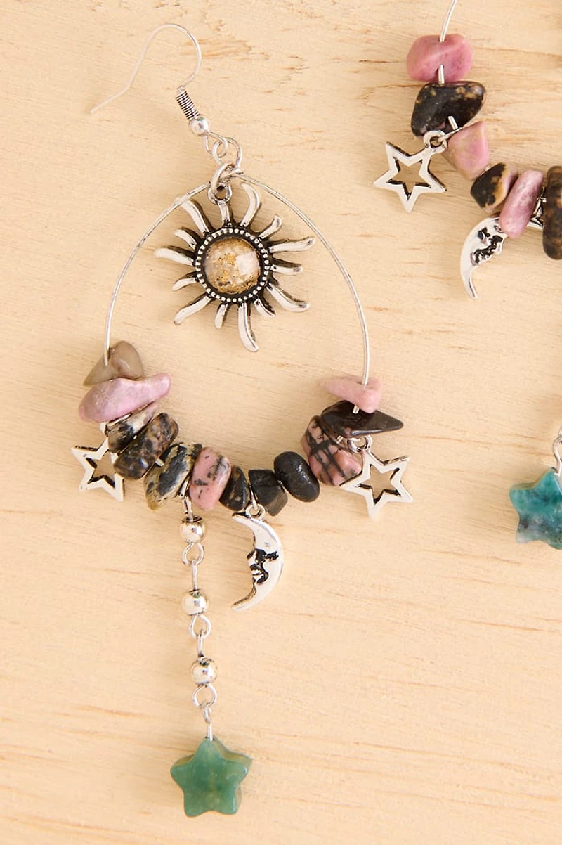 Silver Sun Hoop and Stone Earrings