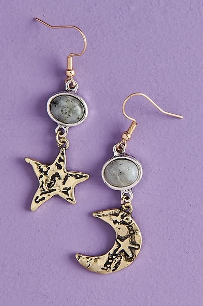 Labradorite Hammered Moon and Star Dangling Earrings