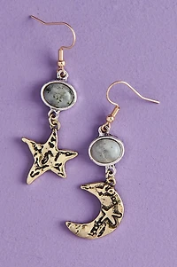Labradorite Hammered Moon and Star Dangling Earrings
