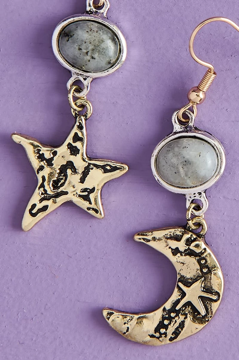 Labradorite Hammered Moon and Star Dangling Earrings
