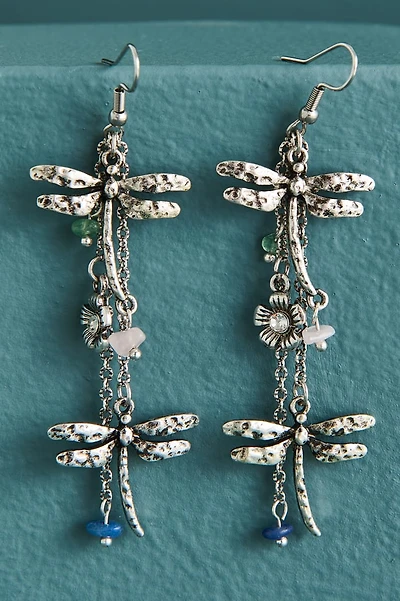 Multi Stone Silver Stacked Dragonfly Earrings