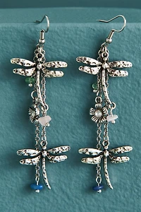 Multi Stone Silver Stacked Dragonfly Earrings