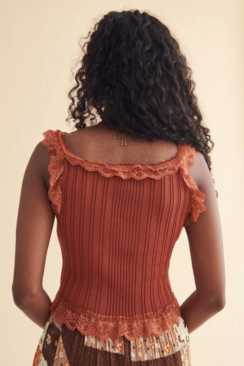 Rust Ruffle Button Front Lace Top