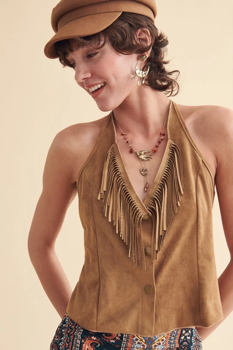 Brown Faux Suede Fringe Western Top